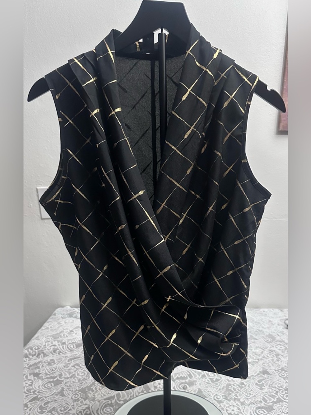 SHEIN Black Draped Top Size L Gold Grid Sleeveless Elegant Blouse